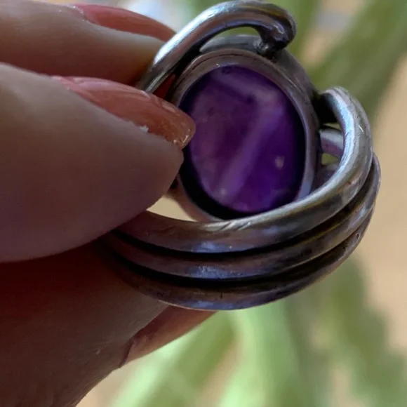 VINTAGE DESIGNER PURPLE OVAL AMETHYST CABOCHON STERLING SILVER RING HEAVY CHUNKY